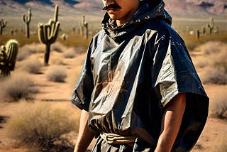 A cowboy with a porn moustache wears the latest and greatest poncho made from a trash bag. He uses an old, frayed extension cord as a belt. He’s making a face like some poop is stuck in his moustache, which is very likely considering that it is a porn moustache. He walks through a desert with many cactuses. None are bearing fruit this year.