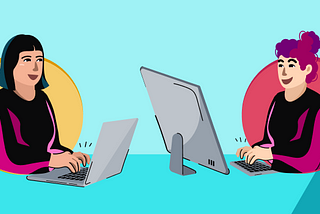 A imagem contem uma ilustração onde duas mulheres estão em frente ao seus respectivos computadores