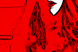 A woman with long, flowing hair is seen from the mouth down, her lips slightly parted. The image is modified from a black and white photo, rendered in black halftone dots over a mostly red background.