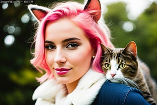 cute dog girl with pink hair and a cat fren