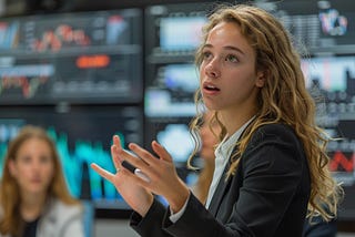A focused young woman explains a critical point during a business strategy meeting in a tech-driven environment.