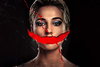 Promotional image for Smile 2 of the protagonist, Skye Riley, with a red smile slashed through the photograph where her mouth would be.