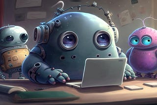 A group of three cute, cartoon-like robots are gathered around a laptop in a cozy, softly lit room. The central robot is large, round, and blue with big expressive eyes and headphones, focused intently on the laptop. On the left, a smaller robot with a boxy orange torso and wires stands attentively. On the right, a pink and purple robot with antennae watches curiously. The scene includes a notebook, a pen, and two smartphones on the desk, giving a whimsical yet studious vibe.