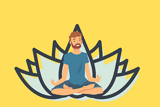 A man sitting in a lotus pose meditating. Behind him there’s a light-blue lotus. The background is bright yellow.