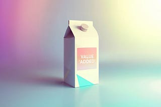 The image contains a 3D milk carton displayed on a brightly coloured website. The carton also has a label that reads ‘Value added.’