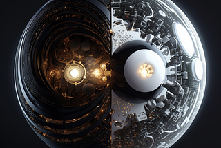 A modern rendition of yin and yang, with one side featuring a quantum computer and the other an AI model