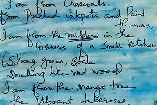 image of the written poem from author’s diary in watercolor shades of blue