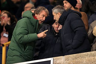 Sir Jim Ratcliffe is shown yelling at his football director. He reportedly proposed playing Bryan Mbeumo at right wing-back. Photograph: Simon Stacpoole/Offside/Getty Images