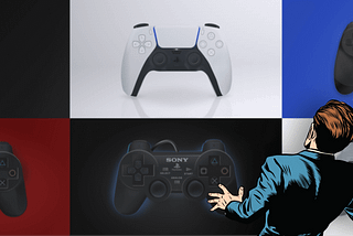 Cover image of Figma controller designs with a stylized illustration of a man in front of them saying “wow!”