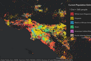 a dark map with contrasting colors depicting population and ethnicity in the Los Angeles area