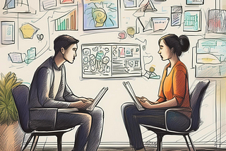 An image showing a man and a woman on opposite chairs engaging in a discussion.