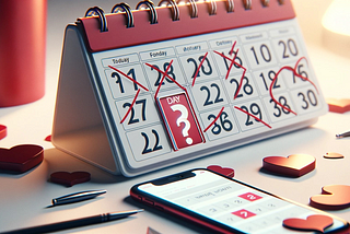 A calendar with several crossed-out dates and a question mark on a specific day, representing the uncertainty of meeting in online dating.