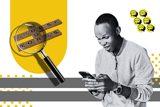a custom white and yellow illustration witha guy typing on his phone and magnifier glass looking at scrabble
