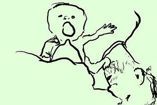 A simple line sketch with a open-mouthed baby hovering above a nipple and kicking a man’s bearded chin