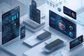 Futuristic UI/UX design concept showing multiple digital dashboards and mobile interfaces with analytics charts, user profiles, and interactive elements displayed across screens in a modern, isometric workspace.