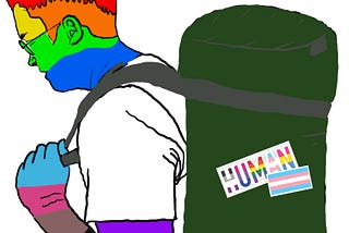 A self drawn image of me with rainbow skin carrying a heavy bag with the stickers of Pride, Equality, and Trans rights.