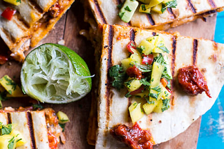 Fiesta Chicken Quesadillas with Chipotle Relish and Mango Salsa