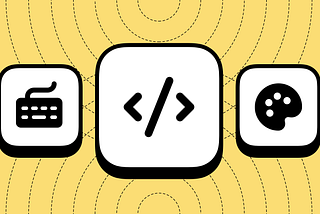 a keyboard, code bracket icon and paint palette representing design tools