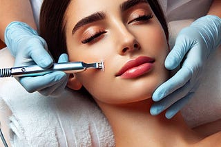 Beautiful woman receiving electrolysis treatment to right cheek. Tip of electrolysis tool inaccurately portrayed much too wide by CoPilot AI.