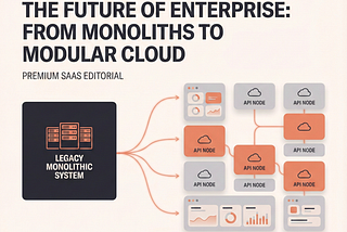 Illustration of legacy monolithic system transitioning into modular hybrid cloud architecture with API layers and enterprise UI dashboards.
