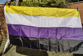 uma foto de uma bandeira nao binaria pendurada em um varal (cores: amarelo, branco, roxo e preto)