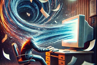 Image of a person at a computer being sucked into the screen, papers flying all about.