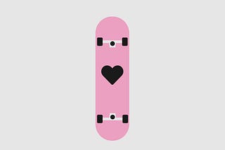 Illustration of a pink skateboard with a big black heart on a light grey backgound