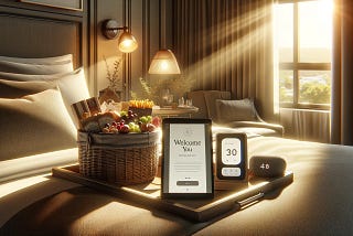 Hotel room with personalized welcome basket, tablet, smart speaker, highlighting AI-driven guest experience.