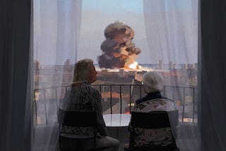 Two women chatting uniterrupted by the big explosion nearby. Inspired by Beirut explosion. Digital painting by Alhyari Art.