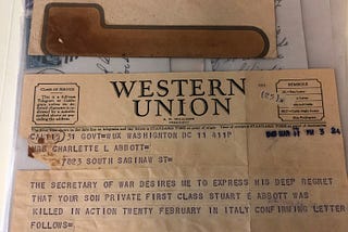 Fig. 1. The Western Union telegram Mrs. Charlotte L. Abbott received informing her of her son's death in Italy in early 1945. Stuart E. Abbott Papers, TMD 50, Box 1, Folder 19, Denver Public Library (DPL), Denver, Colorado. 