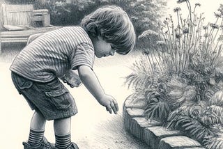 Young child about to pick up a “treasure” from the garden path while being distracted by the hunt
