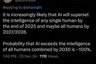 An Elon Musk post claiming that artificial intelligence (AI) will “superset” the intelligence of any single human by the end of 2025 and maybe all humans by 2027/2028