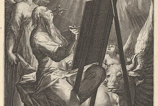 Saint Luke Painting the Virgin, by Raphael Sadeler I, after Bartholomeus Spranger