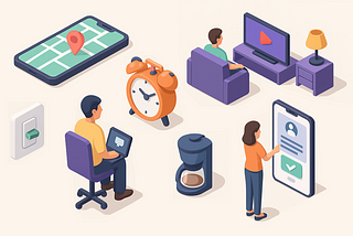 Ilustrasi 3D isometrik yang menampilkan berbagai interaksi pengguna sehari-hari dengan teknologi dan produk, seperti menonton TV, menggunakan ponsel, membuat kopi, dan bekerja dengan laptop, disertai judul “Korelasi UX dalam Kehidupan Sehari-hari. Image generated by ChatGPT