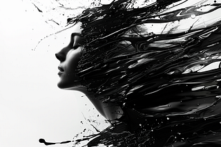 Black and white abstract art of a beautiful woman with long hair flowing in the wind, with dark liquid splashes and paint strokes on a white background.