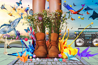 A woman in leather boots with wildflowers bursting forth stands atop a skyscraper. A path leads off into the cityscape. Origami cranes, dragons, and stars sit at a puddle of paint colours splashing about. Wooden figures act out and figurines dance to a boombox playing music. Wild animals fly out of a book into the sunlit skies.