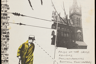 Hand written title ‘Heywire’. Black and white save for a cut out of a man wearing a yellow coat and peaked cap. Image of a building with clock tower. All images have been cut out, pasted on and then photocopied. price 30 p