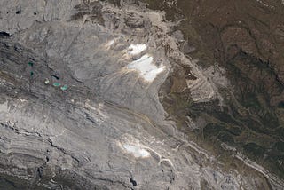 Satellite view of glaciers beneath the summit of Puncak Jaya, Indonesia.
