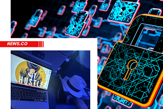 Technology background with a personal computer which has a background of a cartoon character pulling a fedora over its face saying hustle.