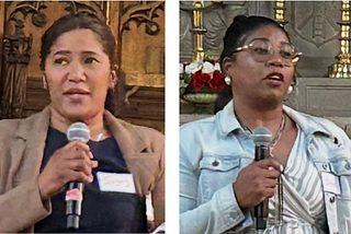 Photos of Sugey Reyes and Simel Rodriguez speaking at the meeting