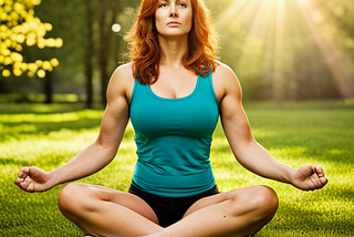 A red-haired woman sitting and meditating on grass with sun pouring in behind her.