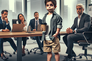 A child tech professional holding coffee in a meeting with suited types.