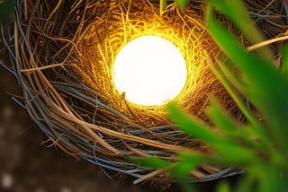 A glowing ball of light sits in a bird’s nest of twigs, with some greenery on the right side.