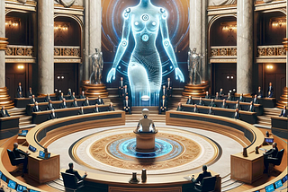 A futuristic grand courtroom with marble columns, ornate carvings, and advanced holographic displays. Justices and delegates watch as a humanoid AI named Athena stands ready.