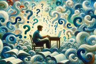 Pessoa sentada usando um notebook e a seu redor ondas, livros e dúvidas representando seus pensamentos.