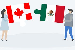 Animated drawing of a man and a women holding Mexican and Canadian flags in a puzzle piece form.