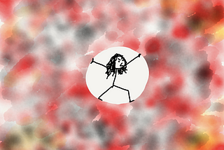 Fuzzy speckles of red, black, and yellow, with a circular cutout in the center, and stick figure Amy pushing against its edits, with an angry, resistant face.