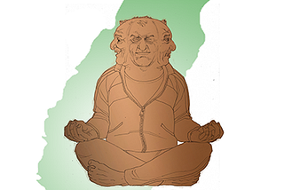 A three-faced meditator sits above a yin-yang symbol comprised of the flags of America and China backed by a silhouette of Taiwan. A play on the multi-faced Buddha statues found around the world, the three faces show looks of joy, serenity and fear.