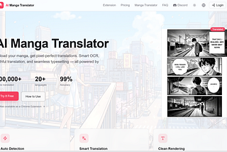 AI Manga Translator landing page displaying pixel-perfect text rendering and automatic background-preserving inpainting for raw manga scans.