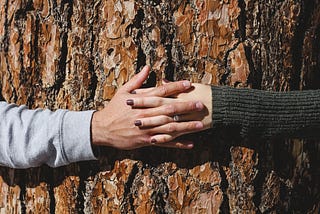 Two hands intertwined and holding a large tree.